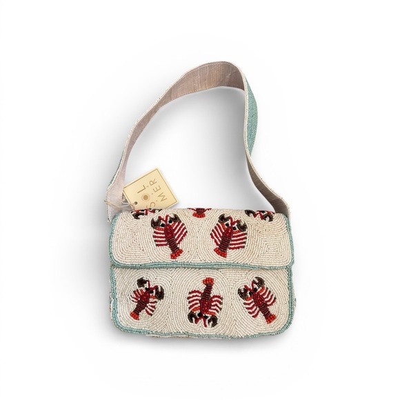 Sol And Mer Handbags - Lobster Beaded Shoulder Bag with Red and Cream Design